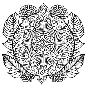 Fantasievolles Mandala Mix mit zahlreichen Symbolen und Blättern Ausmalmotiv für kleine Visionäre auf wundersamer Entdeckungsreise