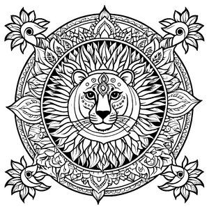 Majestätisches Mandala Mix mit lebhaftem Löwen und floralen Motiven Ausmalbild für neugierige Farbkünstler auf magischer Entdeckungsreise