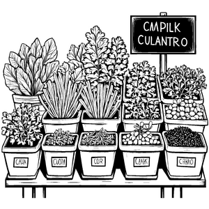 Culantro-Pflanzen in bunten Töpfen Ausmalvorlage für fantasievolle Naturwissenschaftler