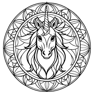 Magisches Mandala Mix mit strahlendem Einhorn und beruhigenden Spiralen Ausmalvorlage für fantasievolle Farbträumer auf kreativer Entdeckungsreise