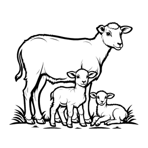 Familie von vier fröhlichen Schafen auf der Wiese Malvorlage für kleine Naturentdecker