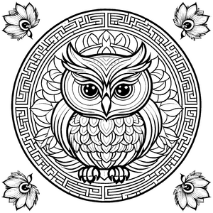 Faszinierendes Mandala Mix mit geheimnisvollem Eulenmotiv Ausmalvorlage für kleine Farbentdecker auf magischen Kreationsreisen
