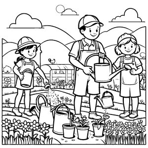 Drei fröhliche Kinder beim Pflanzen von Blumen Ausmalvorlage für kleine Gartenfreunde