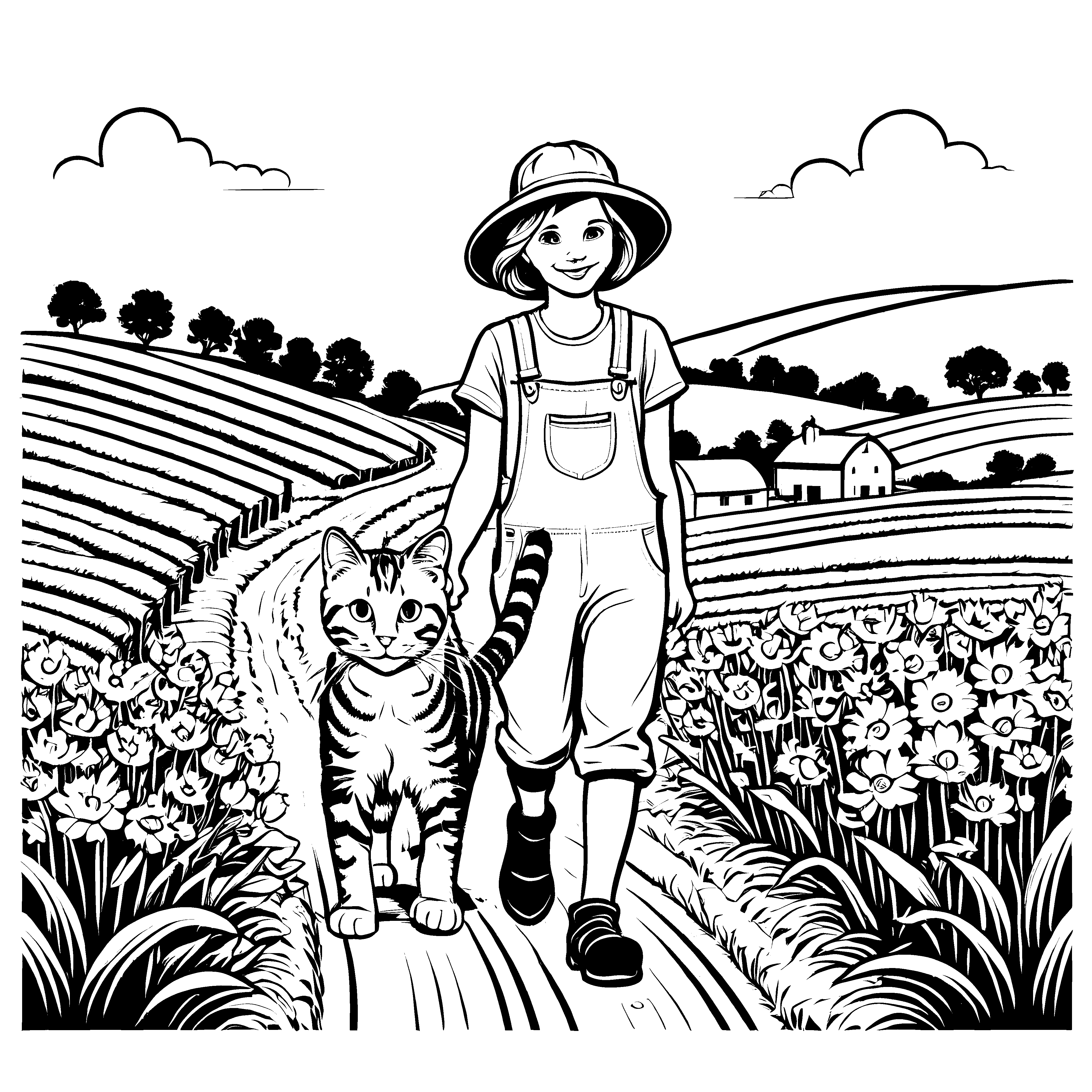 Verspielte Mädchen mit süßer Katze im Blumenmeer Ausmalvorlage für kleine Naturentdecker