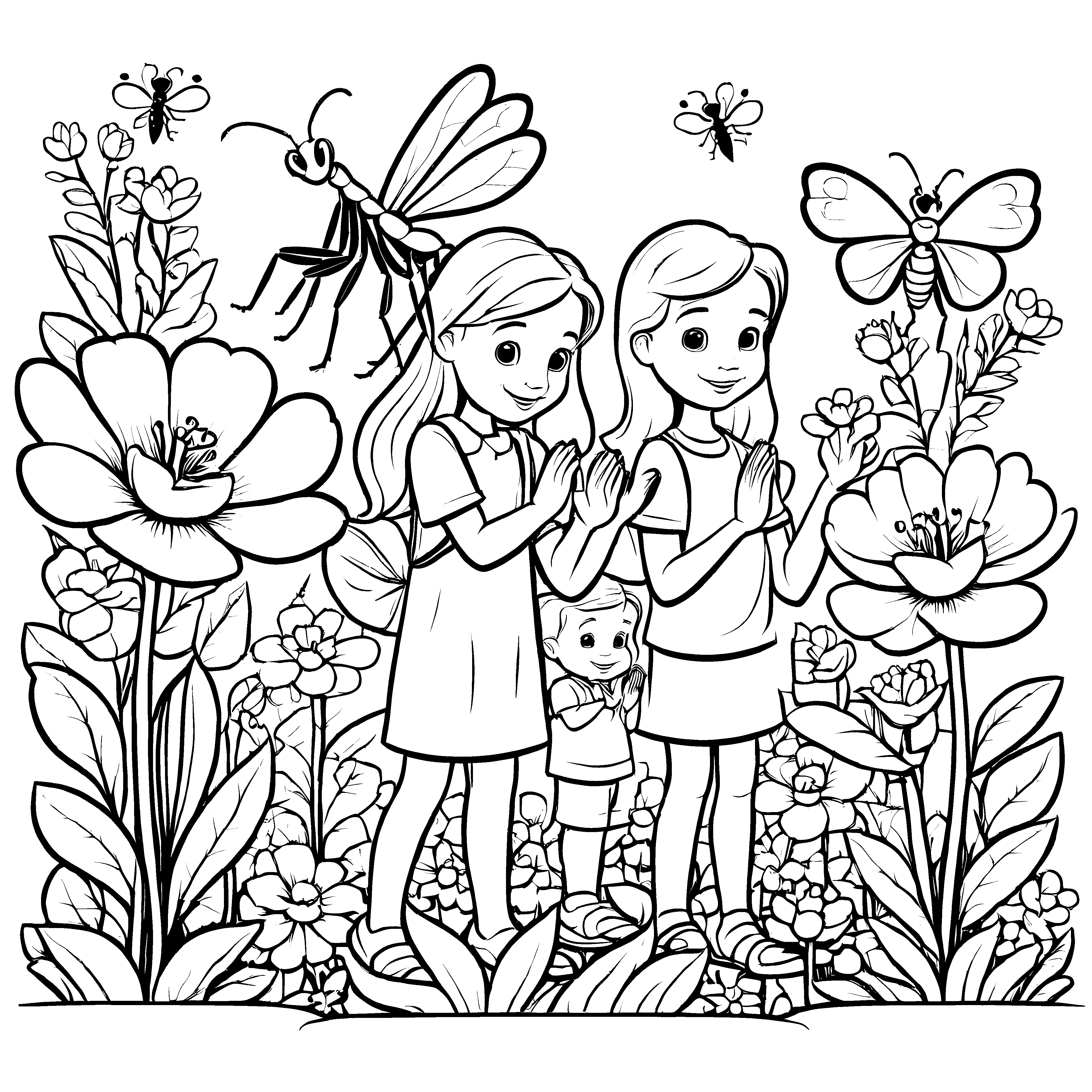 Zwei fröhliche Kinder im blühenden Garten mit Schmetterling Malvorlage für kleine Blumenliebhaber