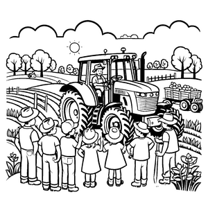 Abenteuerlicher Bauer auf dem Traktor mit Kindern Ausmalmotiv für neugierige Tierliebhaber