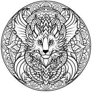 Fantasievolles Mandala Mix mit majestätischem Drachenmotiv Ausmalbild für abenteuerlustige Träumer auf zauberhaften Entdeckungsreisen