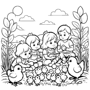 Fünf fröhliche Kinder spielen mit niedlichen Küken Malvorlage für neugierige Tierliebhaber