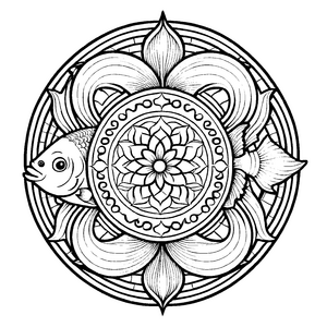 Bezauberndes Mandala Mix mit einem faszinierenden Fisch-Design Ausmalvorlage für kleine Künstler auf bunter Fantasiereise