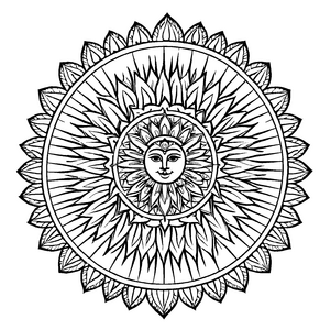 Faszinierendes Mandala Mix mit strahlendem Sonnensymbol Ausmalmotiv für künstlerische Träumer auf bunten Abenteuerreisen