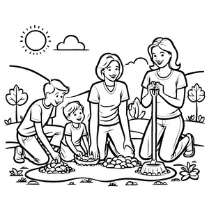 Begeisterte Familie beim Kartoffelsetzen Ausmalmotiv für fröhliche Gartenkinder