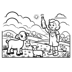 Fantasievolles Mädchen mit Lamm und Flasche Ausmalmotiv für kleine Tierliebhaber