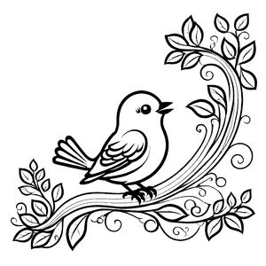 Süßer Singvogel auf Zweig mit Blättern Ausmalbild für kreative Träumer