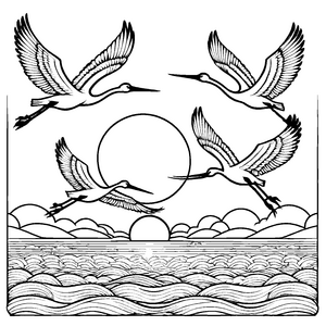 Fünf elegante Vögel um leuchtende Sonne Malvorlage für kreative Träumer