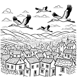 Drei fliegende Vögel über einem malerischen Dorf Ausmalbild für kleine Entdecker
