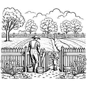Traditioneller Aussaatmann mit schaufelndem Eifer Ausmalbild für kleine Gartenabenteurer