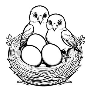 Zwei fröhliche Vögel im gemütlichen Nest Ausmalvorlage für kleine Naturliebhaber