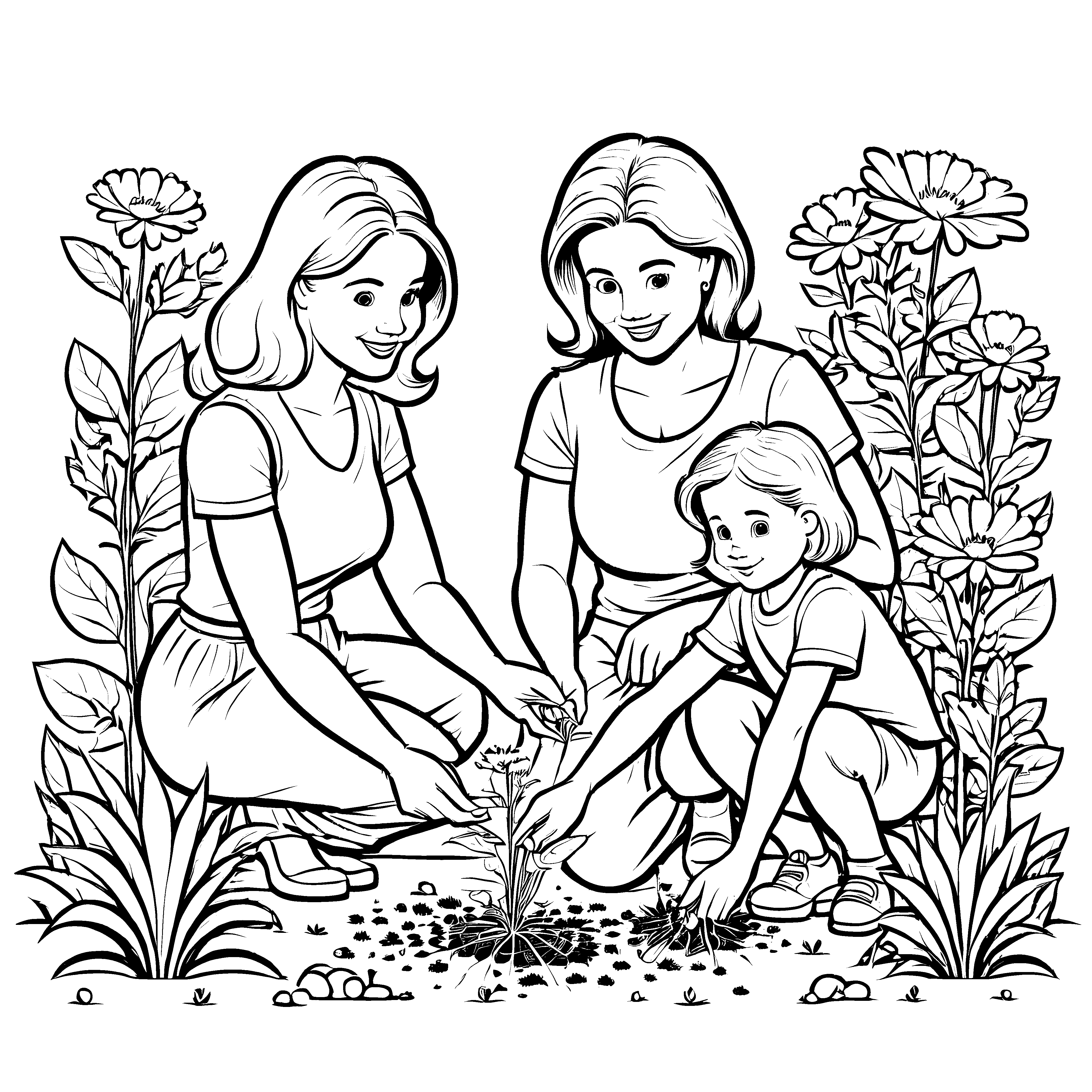 Fröhliche Pflanzenliebhaberinnen mit blühenden Blumen Malvorlage für kleine Naturentdecker