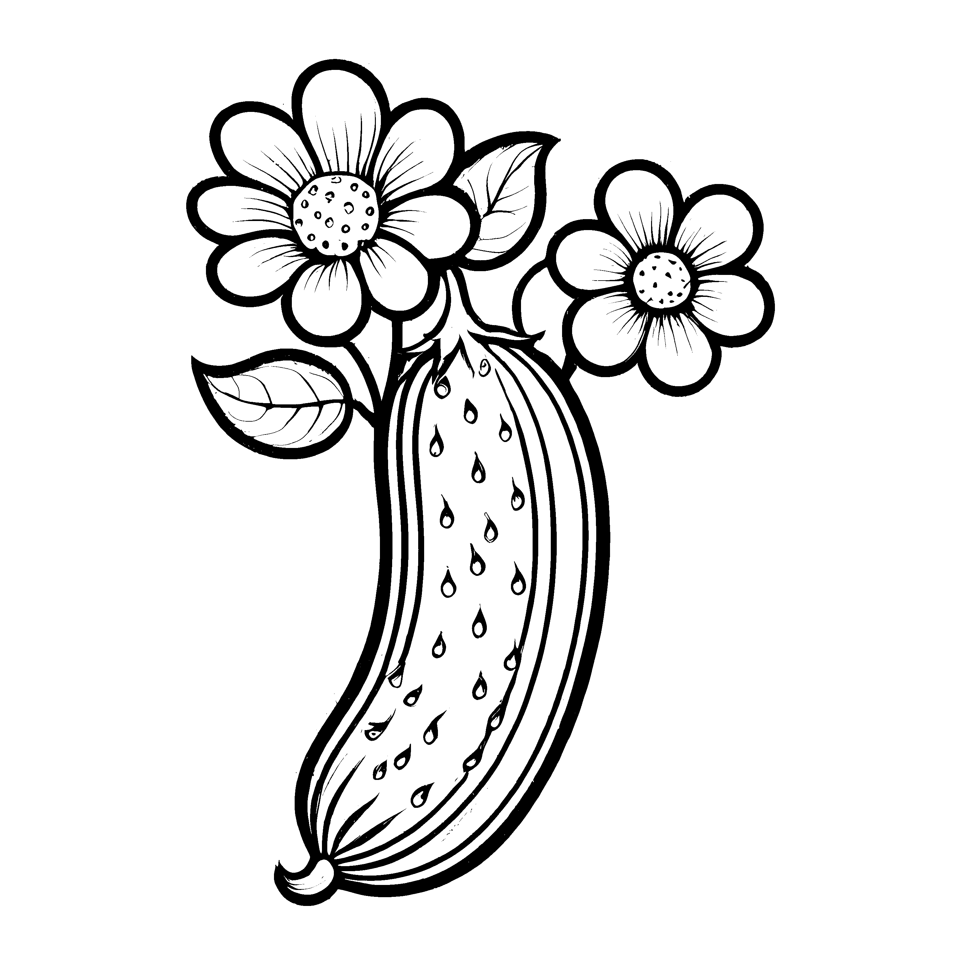Große Gurke mit blühenden Blumen Ausmalbild für neugierige Gartenfreunde