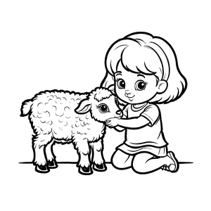 Kleines Mädchen mit schwarz-weißem Lamm Ausmalbild für sanfte Tierfreunde