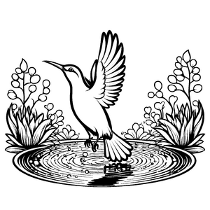 Bezaubernder Vogel mit ausgebreiteten Flügeln im Teich Ausmalbild für mutige Naturentdecker