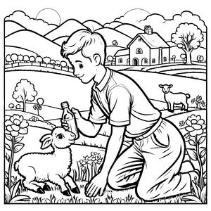 Abenteuerlicher Junge mit Lamm und bunten Blumen Ausmalvorlage für kleine Naturentdecker