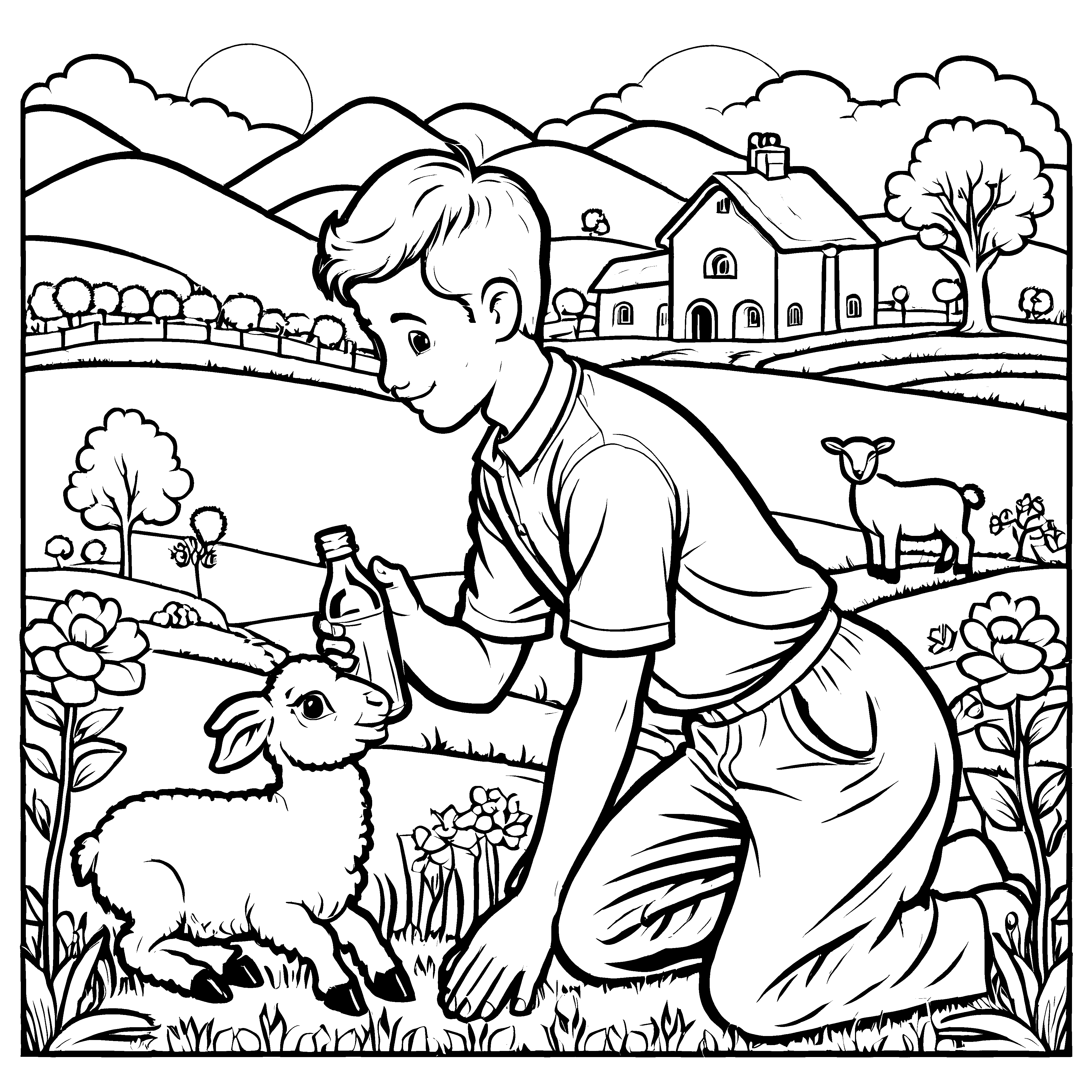 Abenteuerlicher Junge mit Lamm und bunten Blumen Ausmalvorlage für kleine Naturentdecker