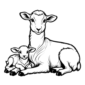 Zärtliche Schafmama mit ihrem niedlichen Lamm Ausmalvorlage für neugierige kleine Herzen