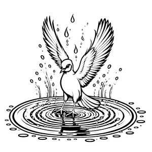 Bezaubernder Vogel im Pfützenspiegel mit Wassertropfen Ausmalmotiv für fantasievolle Künstler