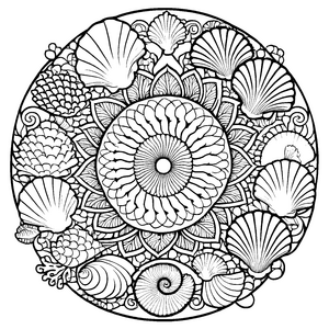 Faszinierendes Mandala Mix mit schimmernden Muscheln Ausmalbild für neugierige Farbenforscher auf künstlerischen Entdeckungsreisen