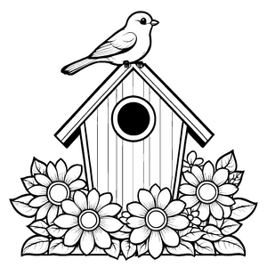 Sonniges Vogelhaus mit fröhlichem Vogel und Sonnenblumen Ausmalbild für kleine Farbentdecker