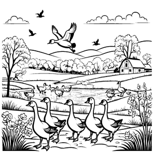 Sechs lustige Enten auf dem Hof Ausmalbild für abenteuerliche Naturfreunde