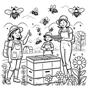 Drei kreative Mädchen beim Zählen von Bienen Ausmalvorlage für neugierige Naturforscher