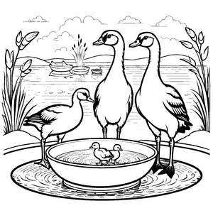 Drei fröhliche Gänse im Teich mit Küken Ausmalvorlage für kleine Tierliebhaber