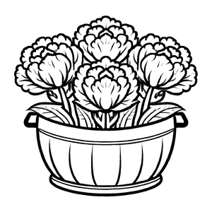 Schicke Blumenkohl-Vase mit fröhlichen Blüten Ausmalvorlage für kleine Botaniker-Entdecker