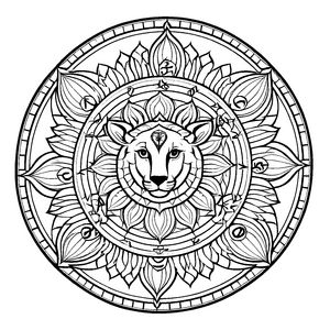 Mystisches Mandala Mix mit kraftvollem Löwenmotiv Ausmalvorlage für druckvolle kleine Kreative auf fantasievollen Abenteuerreisen