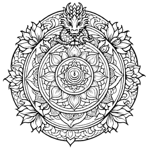 Faszinierendes Mandala Mix mit geheimnisvollem Drachen und Blumen Ausmalmotiv für fantasievolle Entdecker auf magischen Farbexpeditionen