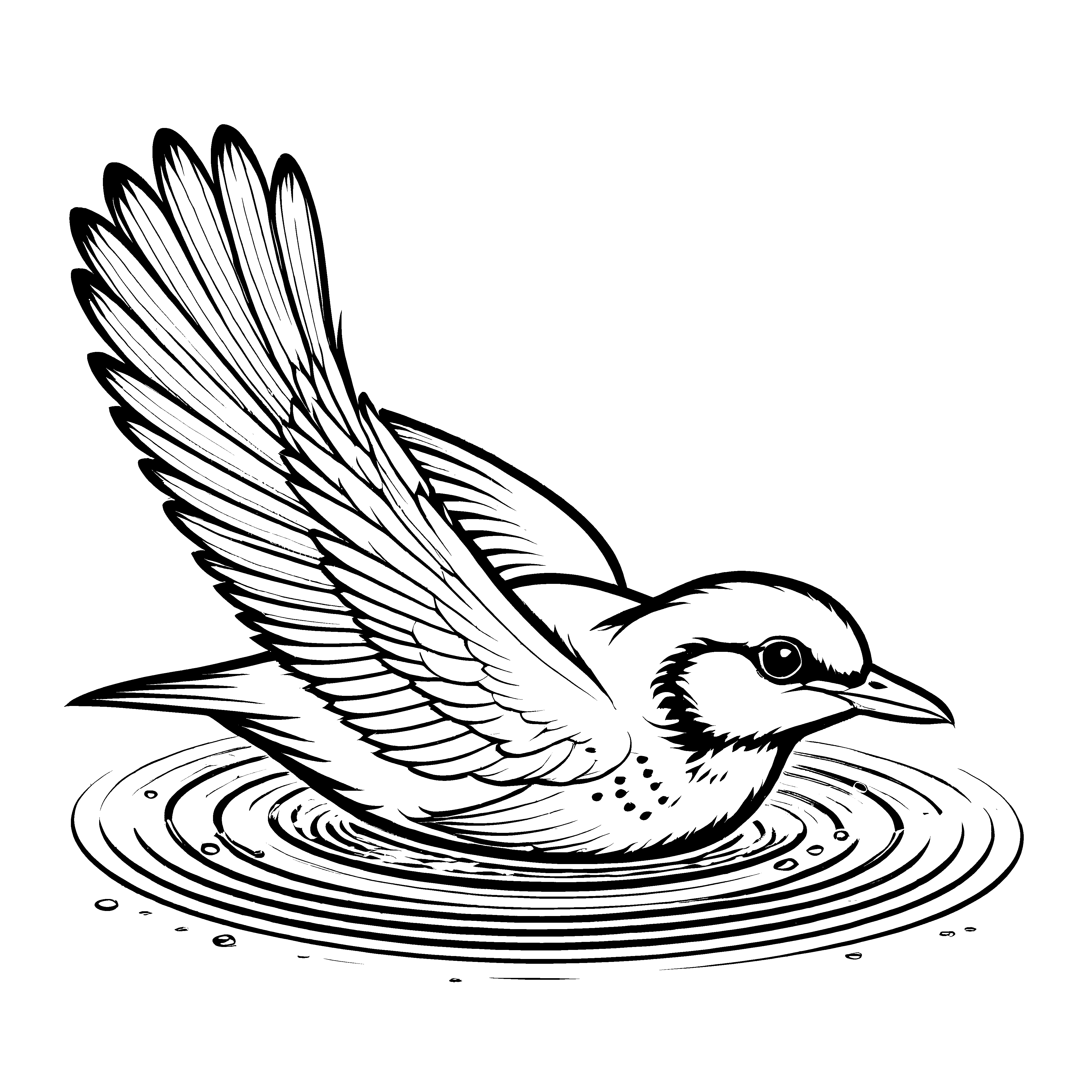 Faszinerender Vogel beim spritzigen Badestopp Ausmalbild für kleine Wasserabenteurer