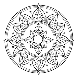 Sternenverziertes Mandala Mix mit strahlendem Sonnenelement Ausmalvorlage für kleine Entdecker auf fantastischen Farbreisen