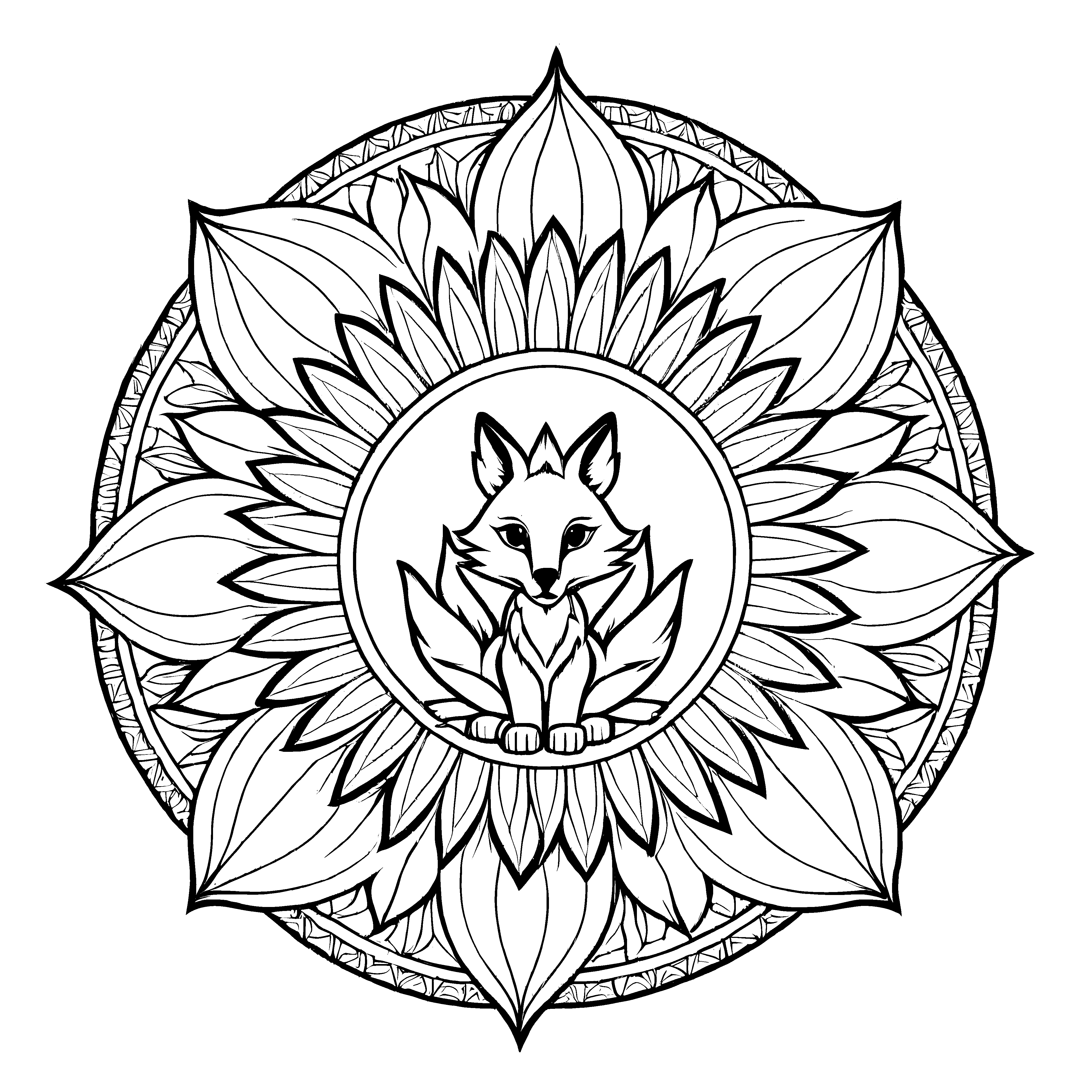 Faszinierendes Mandala Mix mit sitzendem Fuchs umgeben von Blumen Ausmalbild für träumerische Farbkünstler auf zauberhaften Entdeckungsreisen