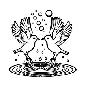 Zwei stilisierte Tauben unter schimmernden Wassertropfen Malvorlage für fantasievolle Wasserspieler