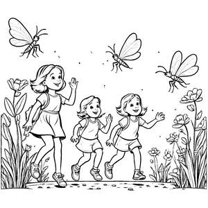 Drei fröhliche Mädchen im Blumenfeld mit Schmetterlingen Ausmalbild für kleine Abenteuerlustige