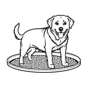 Fröhlicher Labrador in großer Futterschüssel Ausmalbild für begeisterte Tierentdecker