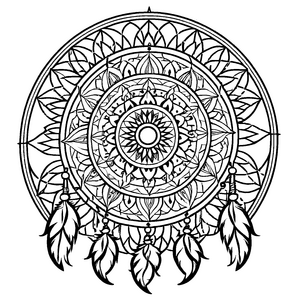 Vibrantes Mandala Mix mit faszinierenden Federn Ausmalbild für neugierige Künstler auf magischen Farbexpeditionen