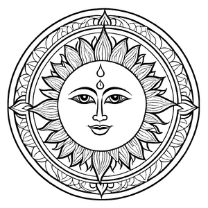 Strahlendes Mandala Mix mit leuchtenden Sonnenstrahlen Ausmalmotiv für kleine Künstler auf spannenden Farbexpeditionen