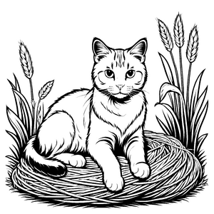 Bezaubernde Katze sitzt im Heu Ausmalmotiv für pfiffige Künstler mit Fantasie