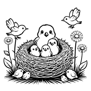 Sechs bezaubernde Vogelbabys im gemütlichen Nest Ausmalmotiv für fantasievolle Künstler