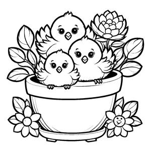 Drei fröhliche Vogelbabys im bunten Blumentopf Ausmalbild für kleine Sonnenstrahlen und tapfere Abenteurer