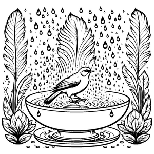 Fantasievoller Vogel im Wasserbad mit Spritzern Ausmalvorlage für neugierige Spritzkünstler