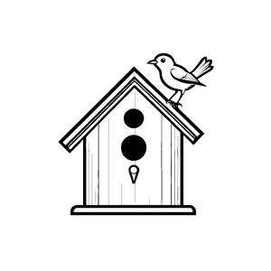 Charmantes Vogelhaus mit neugierigem Vogel Malvorlage für kleine Entdecker von Gartenwundern